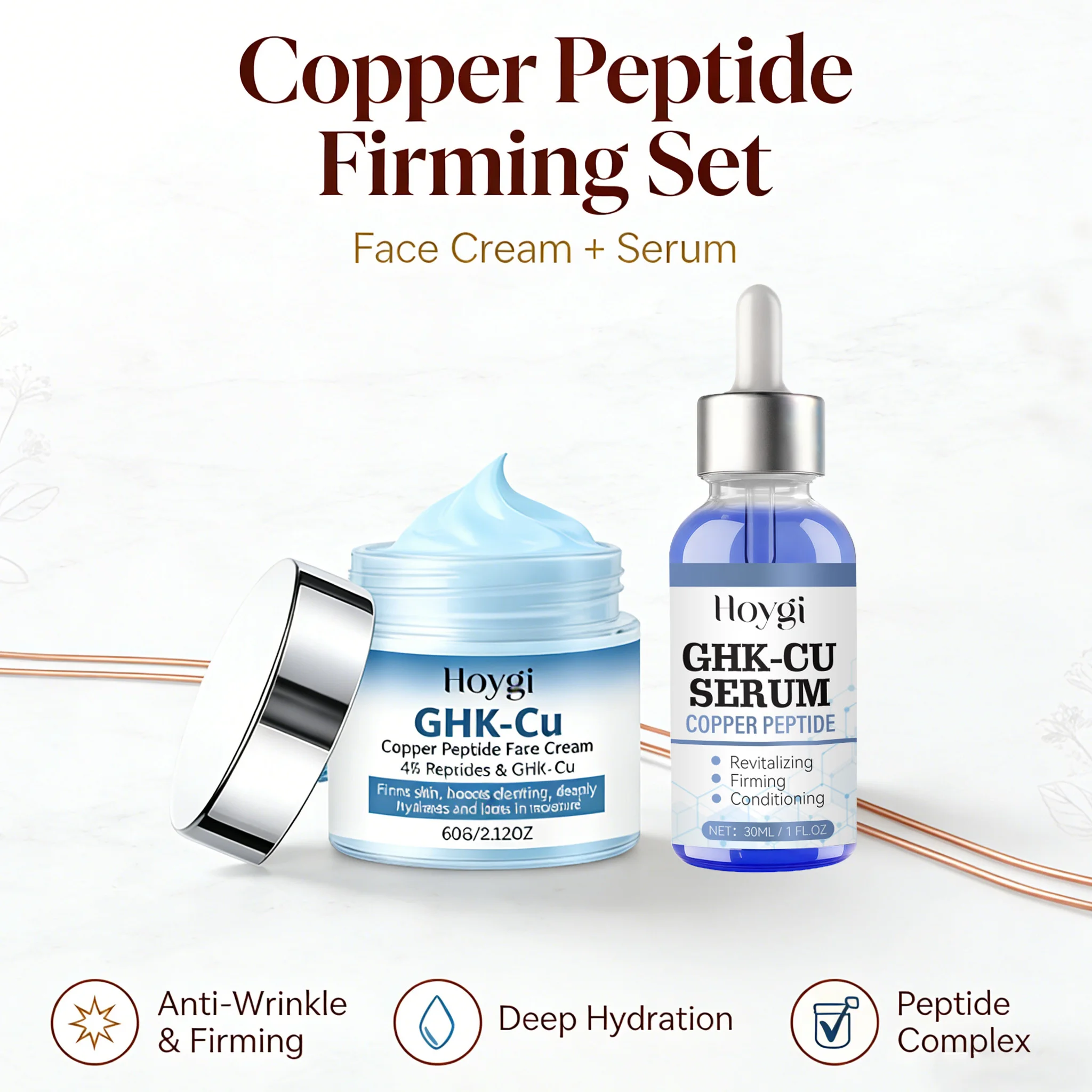 Conjunto de Creme e Sérum Facial com Peptídeos de Cobre: Hidratante e Firmador, Suaviza e Refirma a Pele