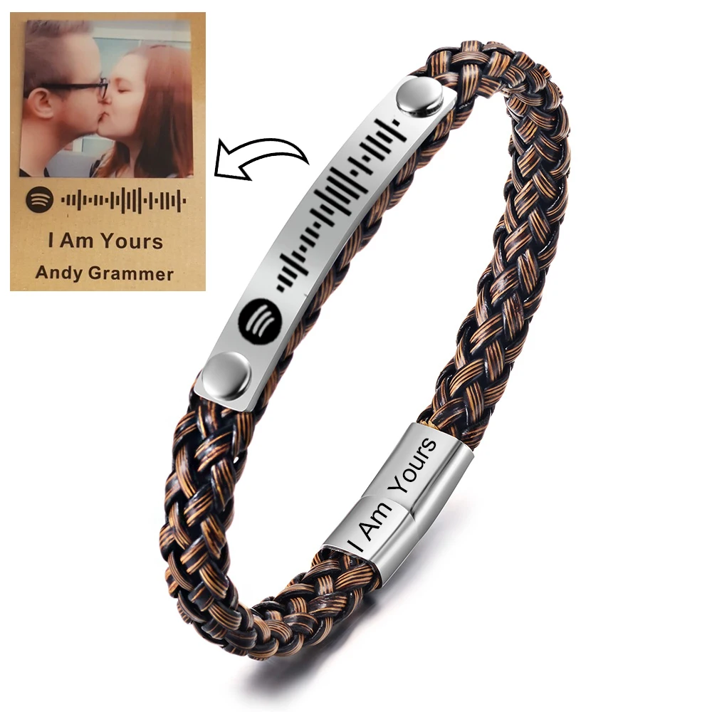 Men Bracelet Custom Spotify Name Braided Leather Bangles Personnalisé Magnet Buckle Stainless Steel Wristband Fathers Day Gifts
