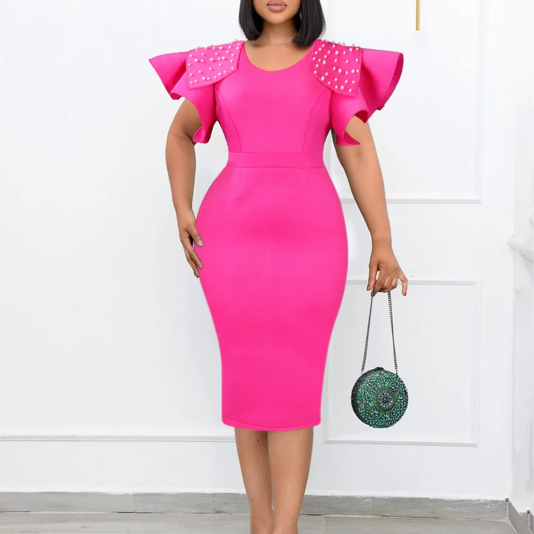 

Women Sexy Bodycon Dress O Neck Beading Ruffles Sleeve African Party Fashion Celebrate Occasion Femlae Gowns Birthday Dresses