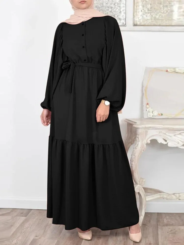 2023 Musulman Abaya Dress New Solid Bubble Sleeve Abayas for Women's Dress with Belt Musulmane Fashion Dress