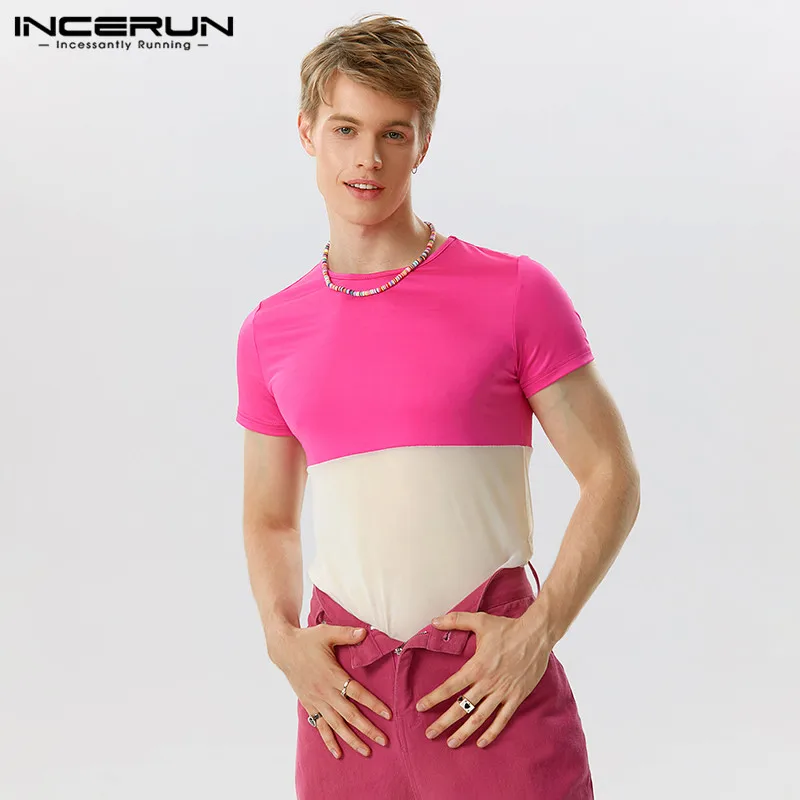 

INCERUN 2023 Sexy Style Men's Homewear Bodysuits Stylish Solid Patchwork See-through Mesh Triangle Short Sleeved Jumpsuits S-5XL