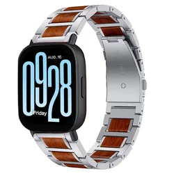 Rosewood and Stainless Steel Bracelet Wristband - 22mm Premium Strap for Redmi Watch 5 Lite (Silver)