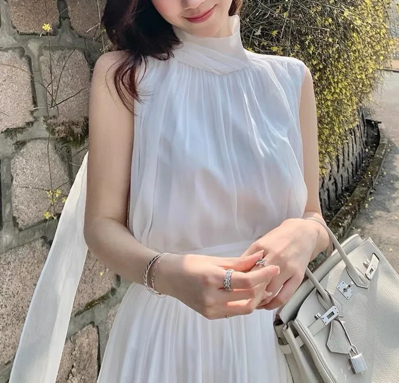 Women's  2022 Spring And Summer New Style Gentle Elegant Long Skirt High Collar Sleeveless Fashion Sexy Dress