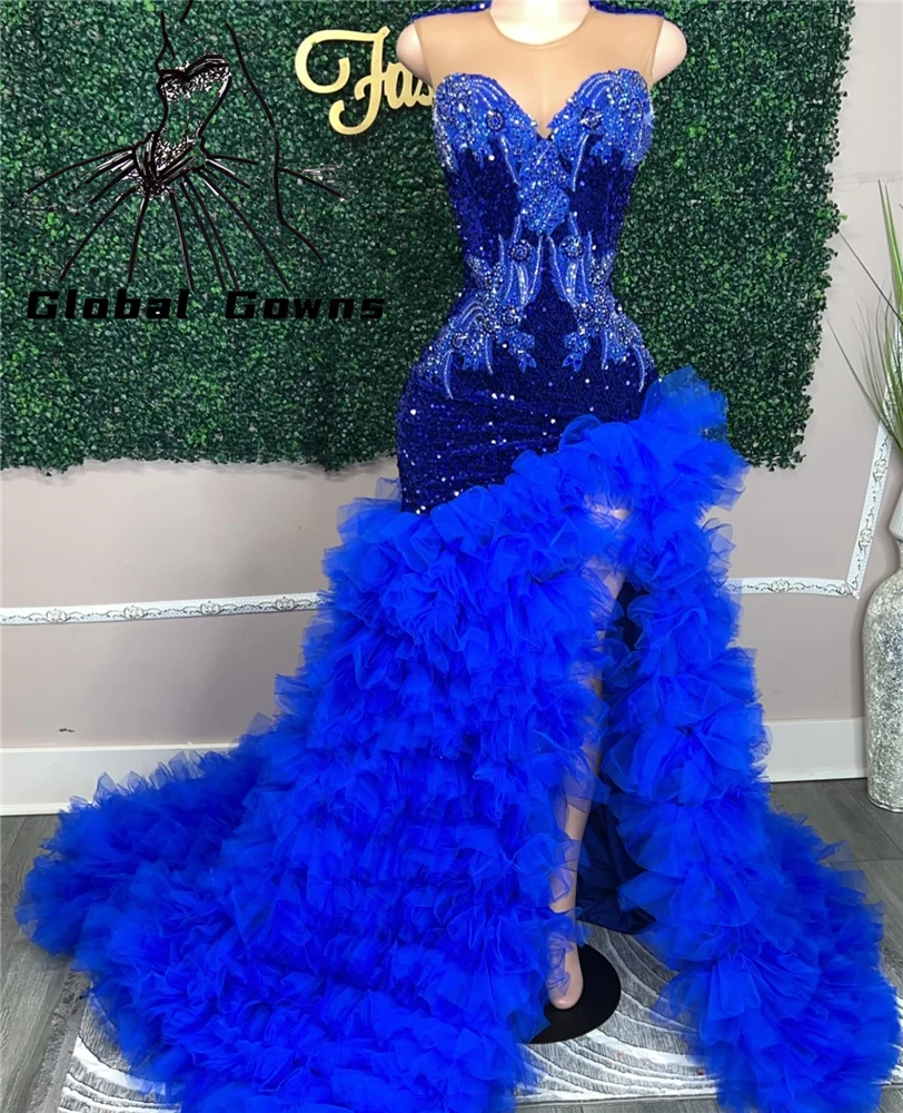 

Royal Blue O Neck Long Prom Gowns For Black Girls Appliques Birthday Party Dresses Ruffles Evening Dress High Slit Robe De Bal