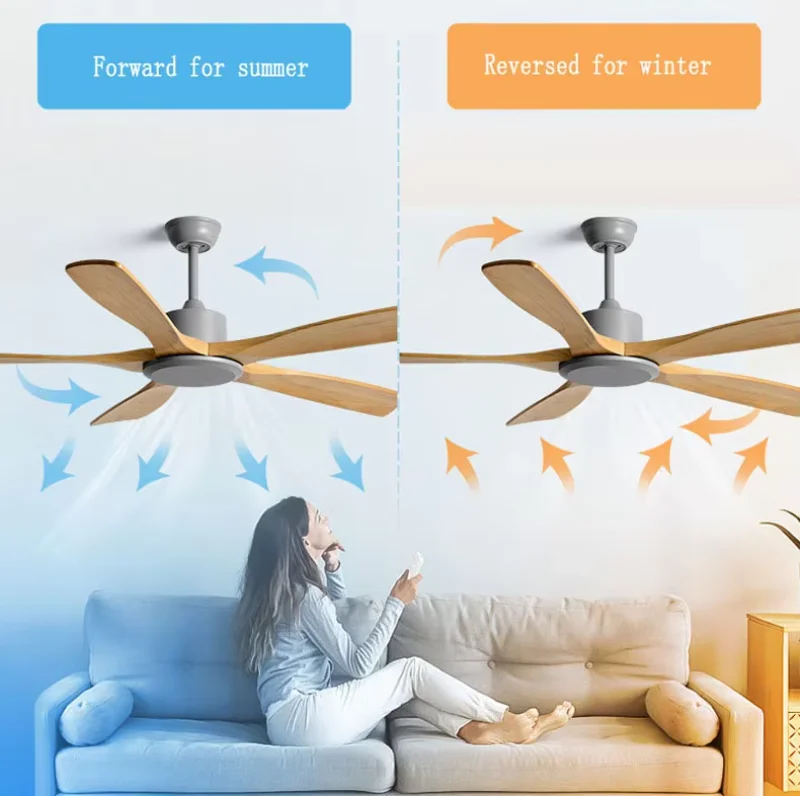 Nordic Home Wooden Ceiling Fan Reversible DC Motor 5 Solid Wood Blades Fan with Remote Control Reversible DC Motor