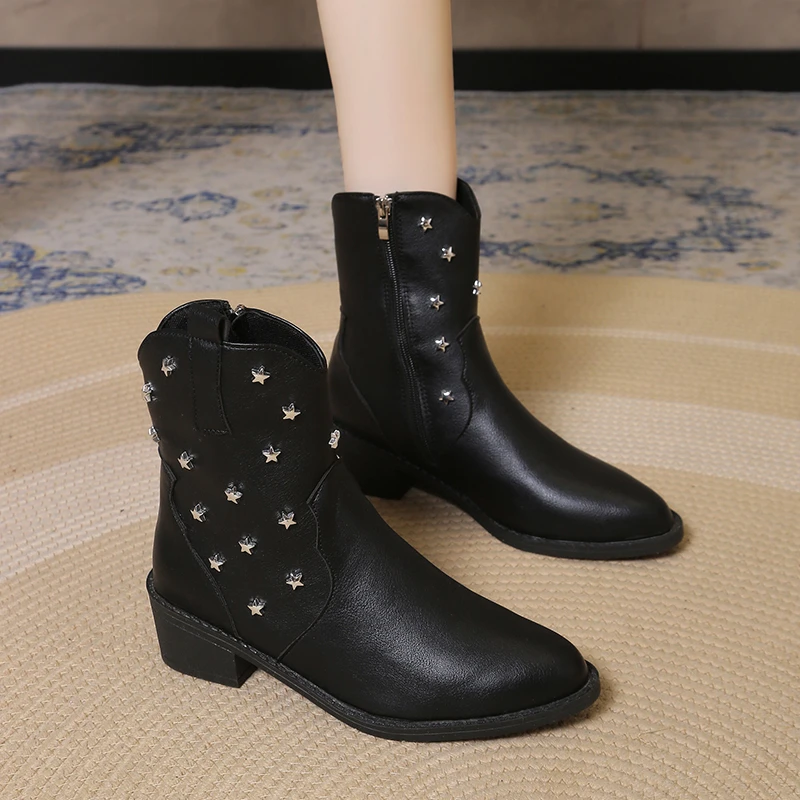 

Женские кожаные ботильоны с круглым носком, износостойкие ботинки на толстом каблуке и боковой молнии, сезон осень-зима, 2023