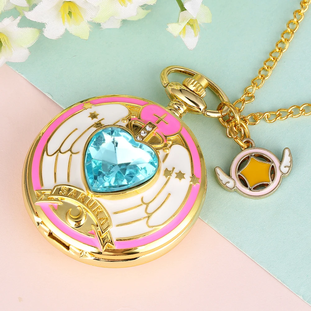 Heart Shaped Pink/Purple/Blue Stone Gold Quartz Necklace Watches Anime Student Girl Gift Elegant Charm Pendant Pocket Clock