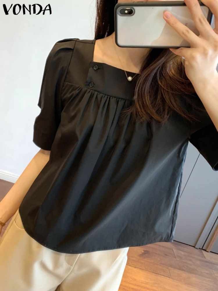 

VONDA Women Blouse 2023 Summer Square Neck Tunic Tops Elegant Puff Short Sleeve Shirts Casual Pleated Solid Blusas Femininas