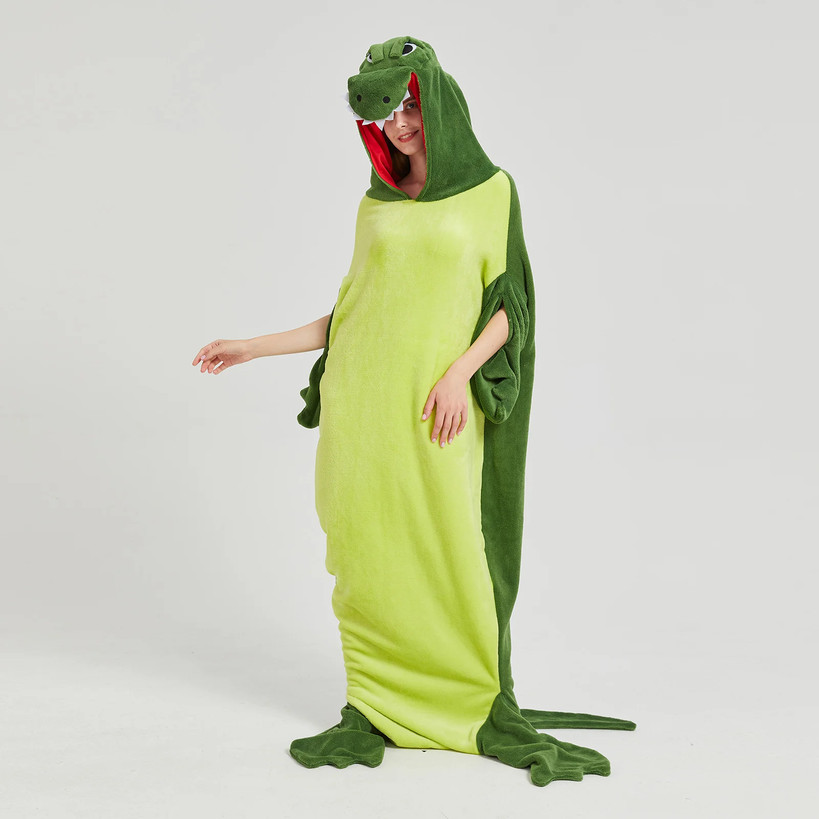 Adult Plush Romper Pajamas Cute Crocodile Sleepwear Long Sleeve Hood Jumpsuit for Women