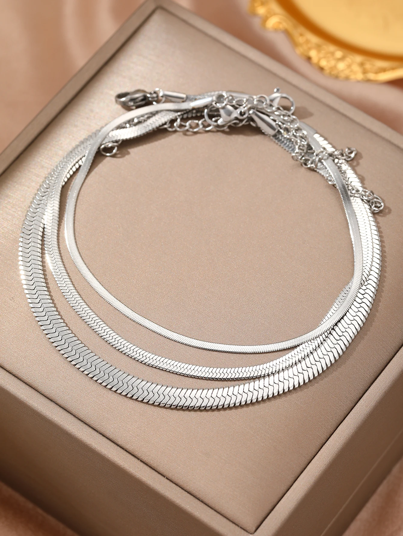 3 Piece Stainless Steel Flat Snake Chain Anklet