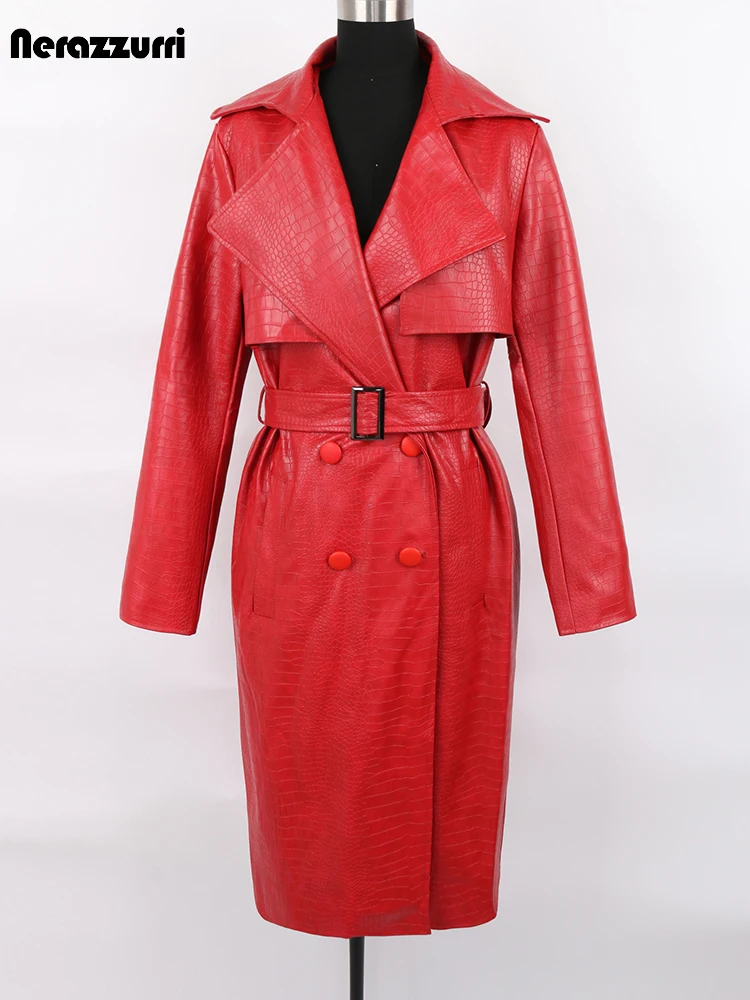 

Nerazzurri Autumn Long Loose Red Crocodile Print Leather Trench Coat for Women Belt Double Breasted Waterproof Raincoat Fashion