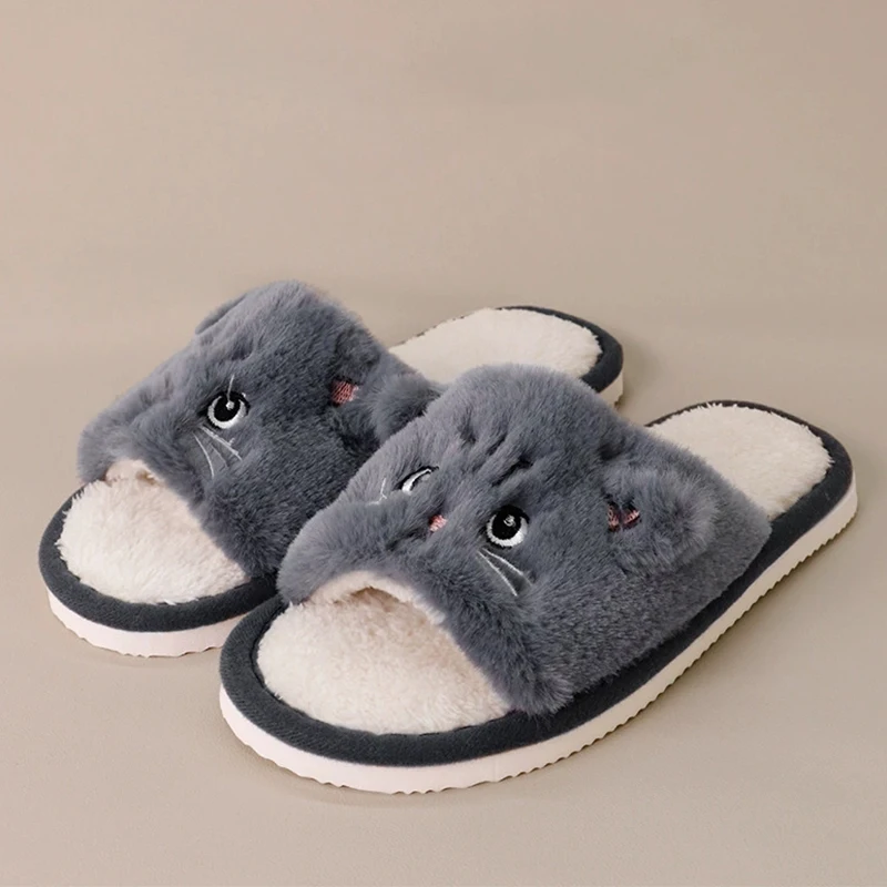 Cute Cartoon Cats Women's Fur Slippers Non Slip Flat Heel Home Slippers Women Winter 2025 Faux Fur Warm Cotton Slippers Indoor
