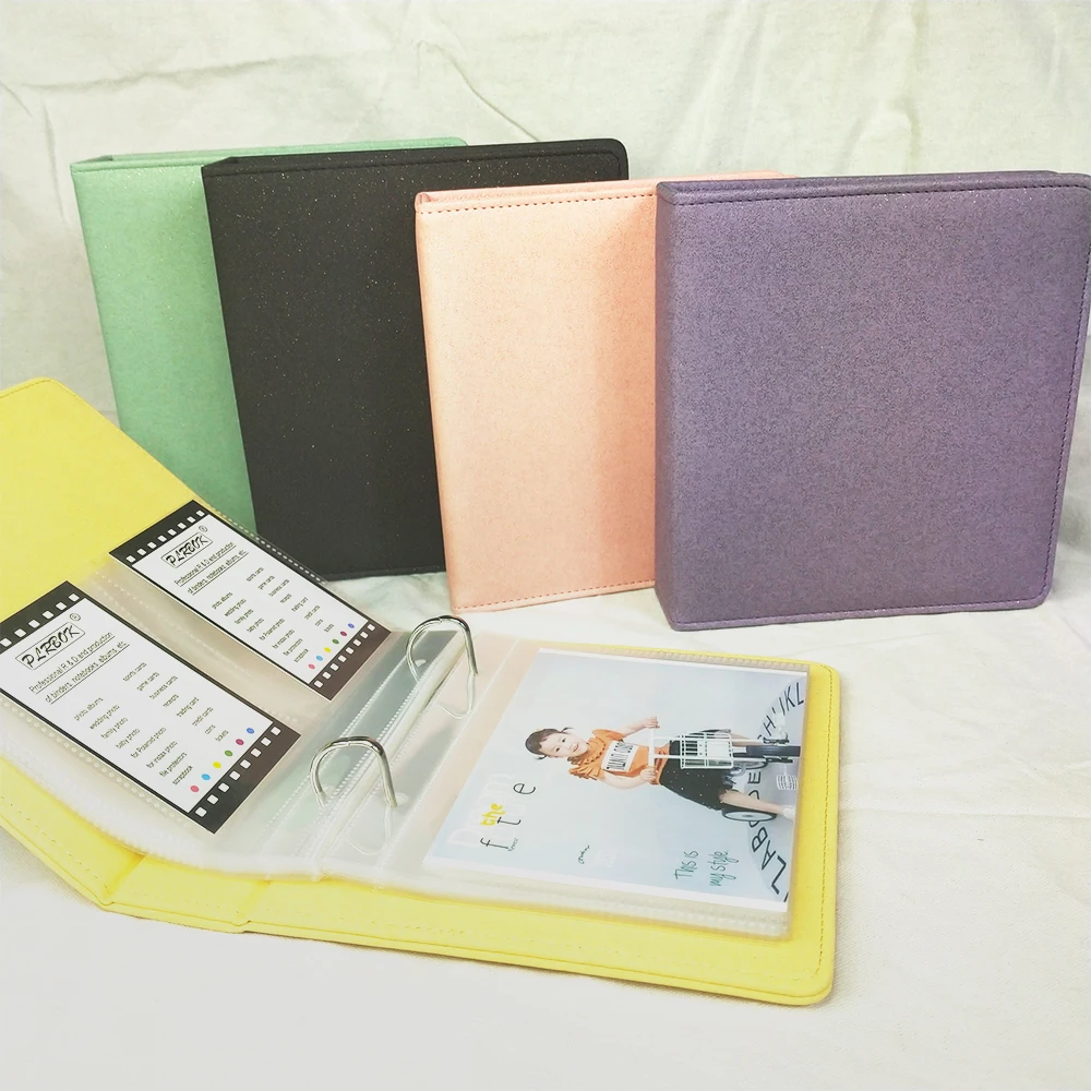 Glitter pu Leather Square Binder Mini Álbum de Fotos Notebook Recarregável com 25 Mangas Clear Photocards Anéis × em 10 × 15