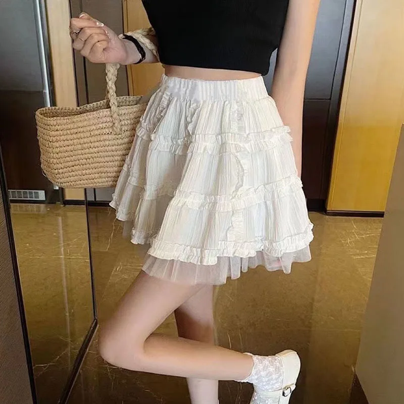 

Harajuku Tulle Patchwork Puffy Skirt Women College Style Elastic Waist White Mini Skirts Woman 2023 Summer Cute Folds Cake Skirt