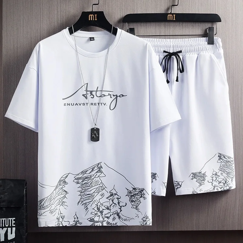 2-piece Men's Outfit Set, Men's Short Sleeve Crew NeckT-shirt & Drawstring Shorts Set, Summer Sports