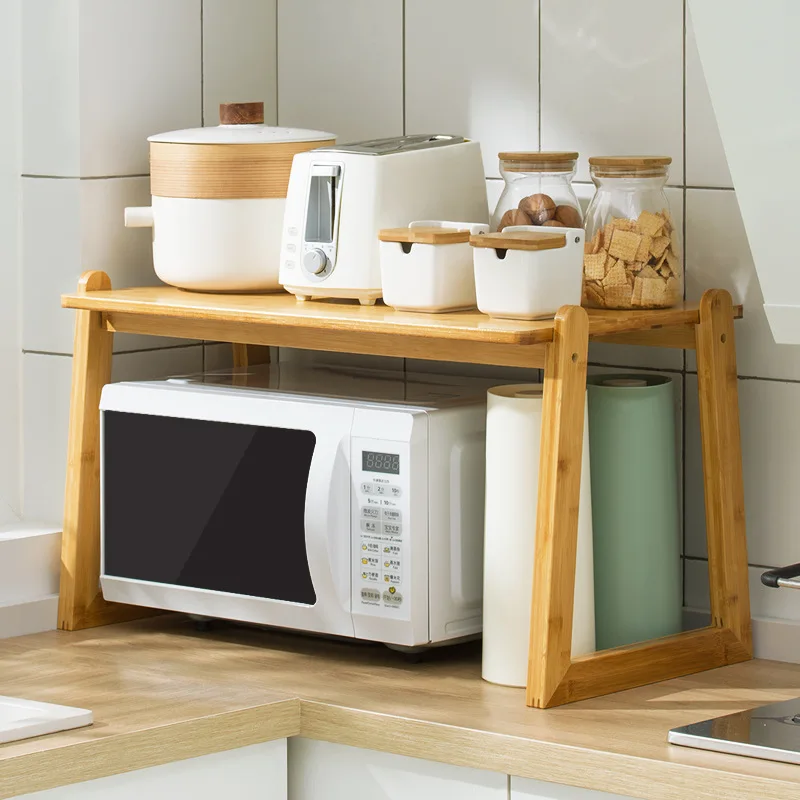 Kitchen Microwave Oven Storage Rack 1 Layer Bamboo Adjustable Countertops  Organizer Shelf Hanging Hook Chopping Board