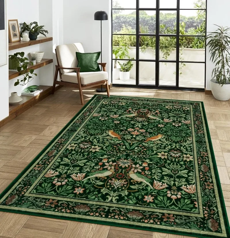 Retro Living Room Carpet Nordic Style Plant Flower Print Bedroom Rug Large Area Machine Washable Non-slip Coffee Table Mat Tapis