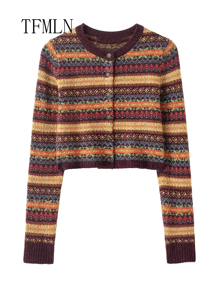 Jacquard Knitted Cropped Coats For Women Fashion Single Breasted O-neck Causal Jacket Long Sleeve Cardigan Tops 2026 Spring