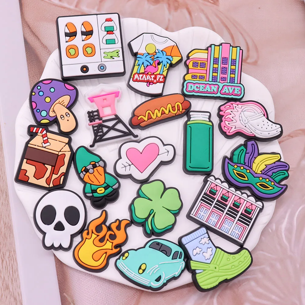 1-43PCS PVC Shoe Charms Flame Clover Eyes Cart Sushi Cup Ghost Tee T-Shirt Hot Dog Buckle Clog Fit Wristbands Accessories