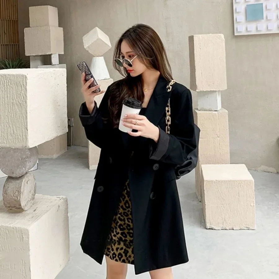Black Suit Vintage Long Sleeve Blazer Women White Suit Spring Autumn Jacket Double-breasted Office Ladies Korean Loose Coat