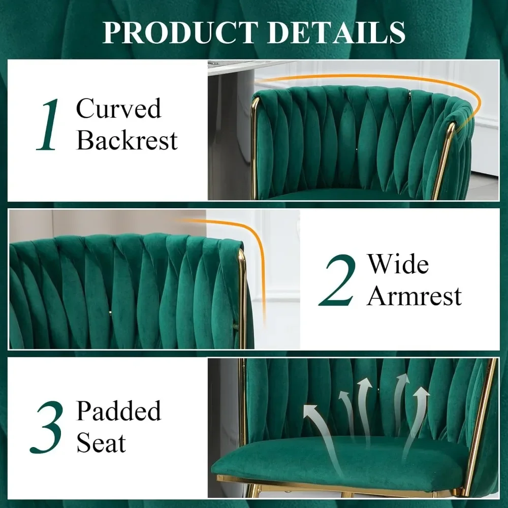Modern Velvet Dining Chairs Hand Weaving Accent Chairs Living Room Chairs Upholstered Side Chair with Golden Metal Legs 5