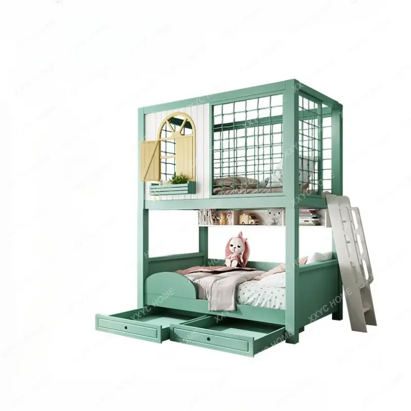 

Solid Wood Bunk Solid Wood Children's Two-Story Castle Tree House Light Green Boy Tree House Wooden Bed 1.5 M