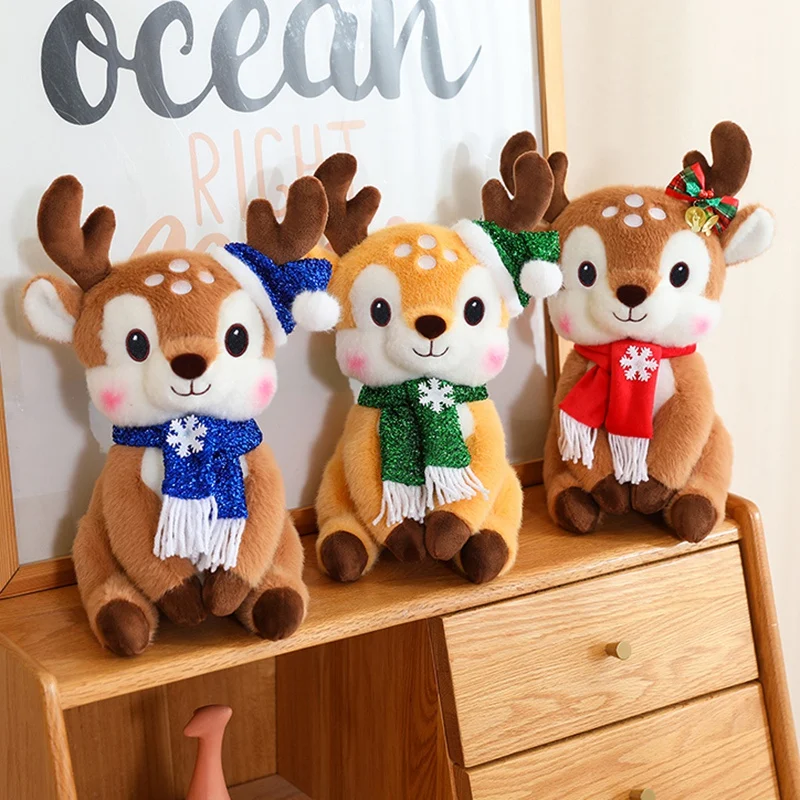 Kawaii Christmas Elk Plush Toys Stuffed Cartoon Sitting Pose Scarf Deer Doll Pretty Party Decor Lovely Xmas New Year Gift