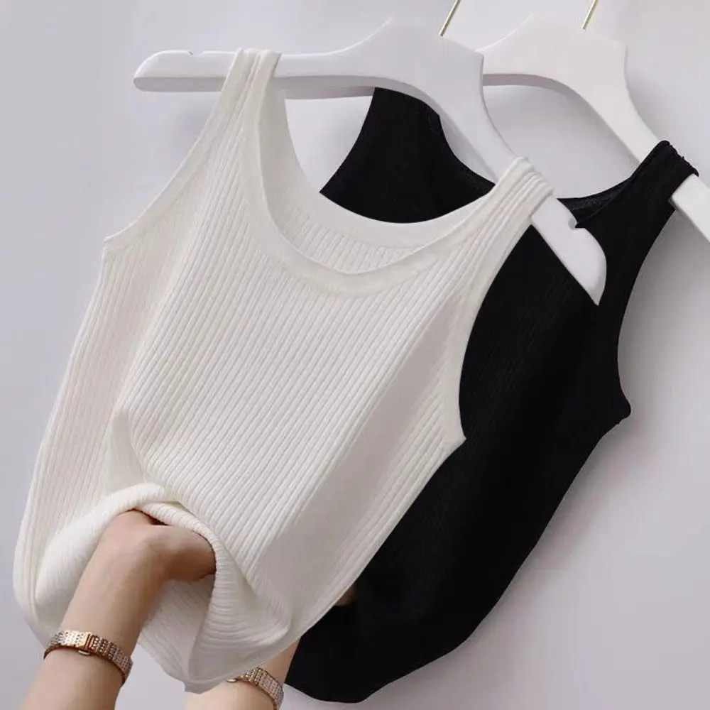 Polyester Sexy Sleeveless Camisole 2024 Solid Color Basic Top Summer Camisole T-Shirt Streetwear Tees Spring Knitted Tank Women