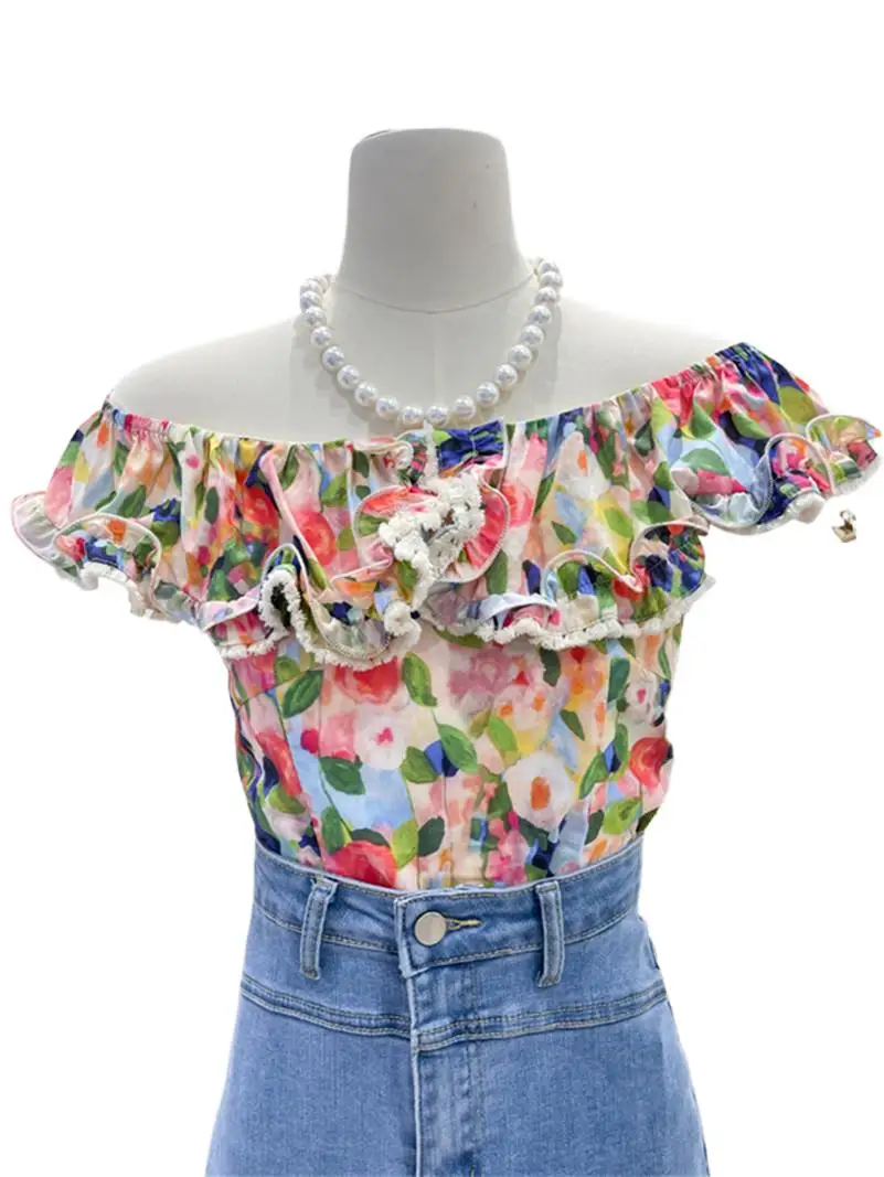 

Summer Cotton Floral Printed Design Sense Slash Neck Tassels Sweet Ruffled Sleeveless Fashion Vacation Style Shirts Blouses