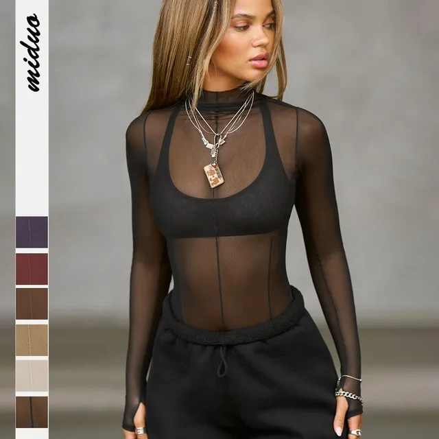 2025 automne nouvelle mode femmes hauts T-Shirt maille transparente à manches longues coupe ajustée col mi-haut haut Y2k femme vêtements 1