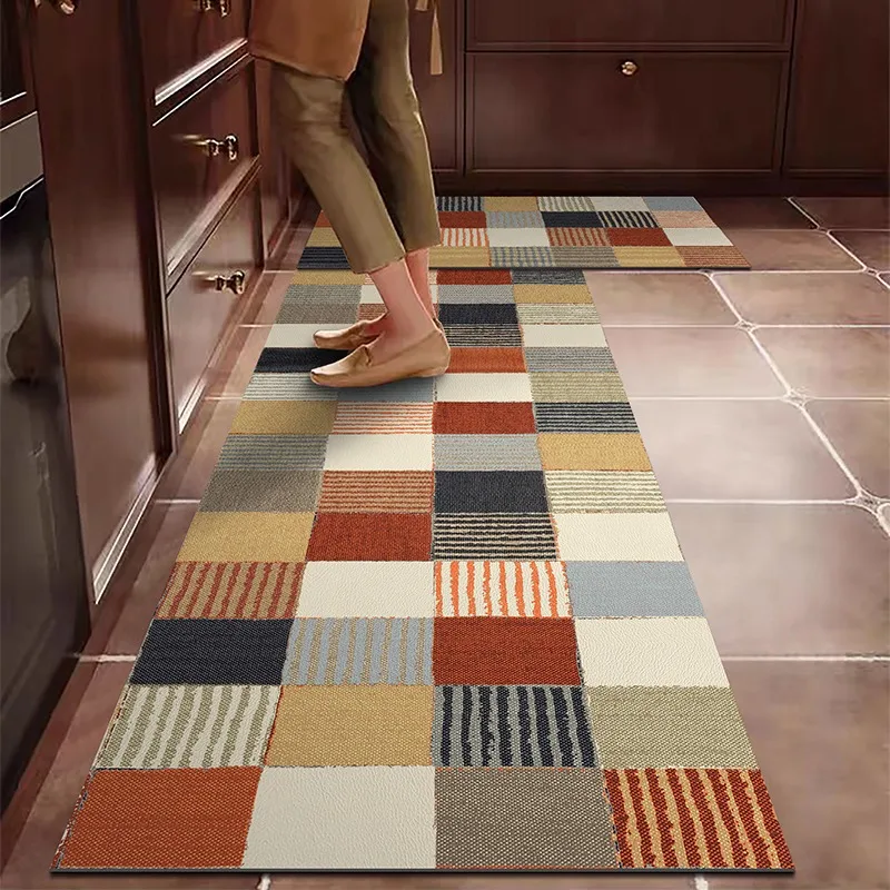 PVC Kitchen Carpet Waterproof Leather Floor Mat Oil-proof Non-slip Long Foot Mats Color Stripes Ethnic Style Home Decoration Rug 3