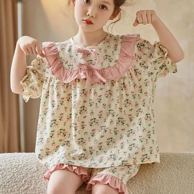 

Small Floral Pattern Pajama Set Princess Style Summer Thin Girls' Pajamas Short Pants Children's Home Clothes Two Piece Set