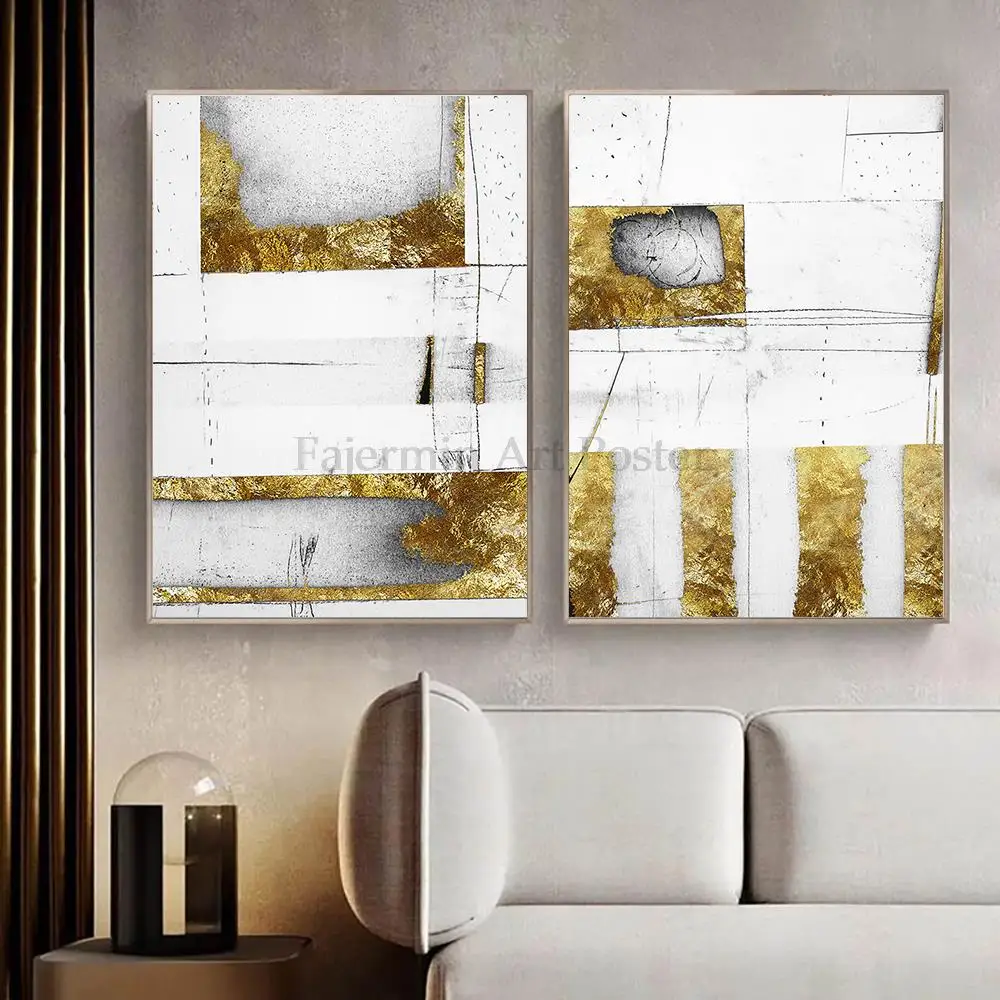 

White Gold Aesthetic Nordic Canvas Paintings Abstract Minimalist Wall Art Poster Pictures Prints Living Room Decoration Hogar