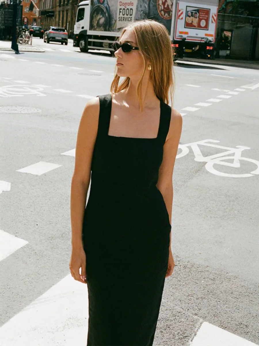 Bornladies Cotton Linen Solid Color Square Neck Suspender Dress Women's Fashion Slim Fit Long Dress Summer New Women's Clothing