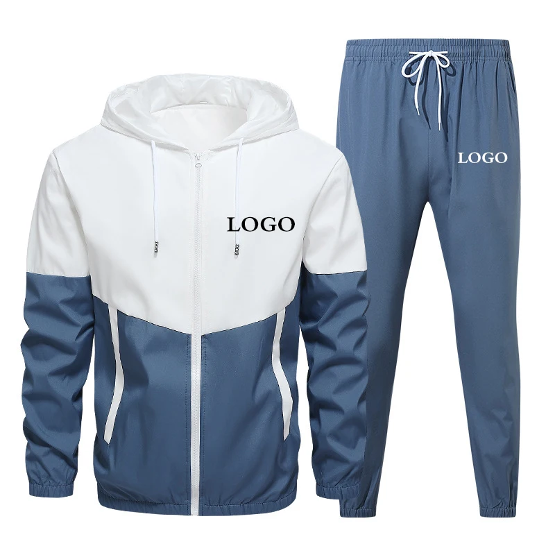 Custom Logo Men Tracksuit Patchwork Zipper Cardigan + Sweatpants 2 Pieces Set Spring Autumn Fashion Streetwear Male Jogging Suit