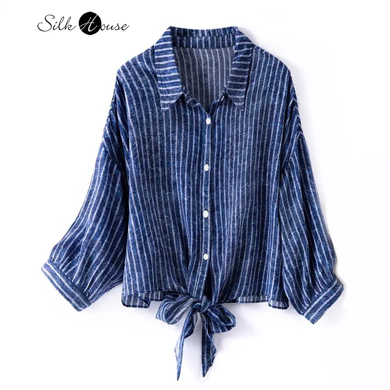 2025 Women's Summer New 100% Natural Mulberry Silk Crepe De Chine Loose Shoulder Nine Inch Sleeve Knot Striped Shirt