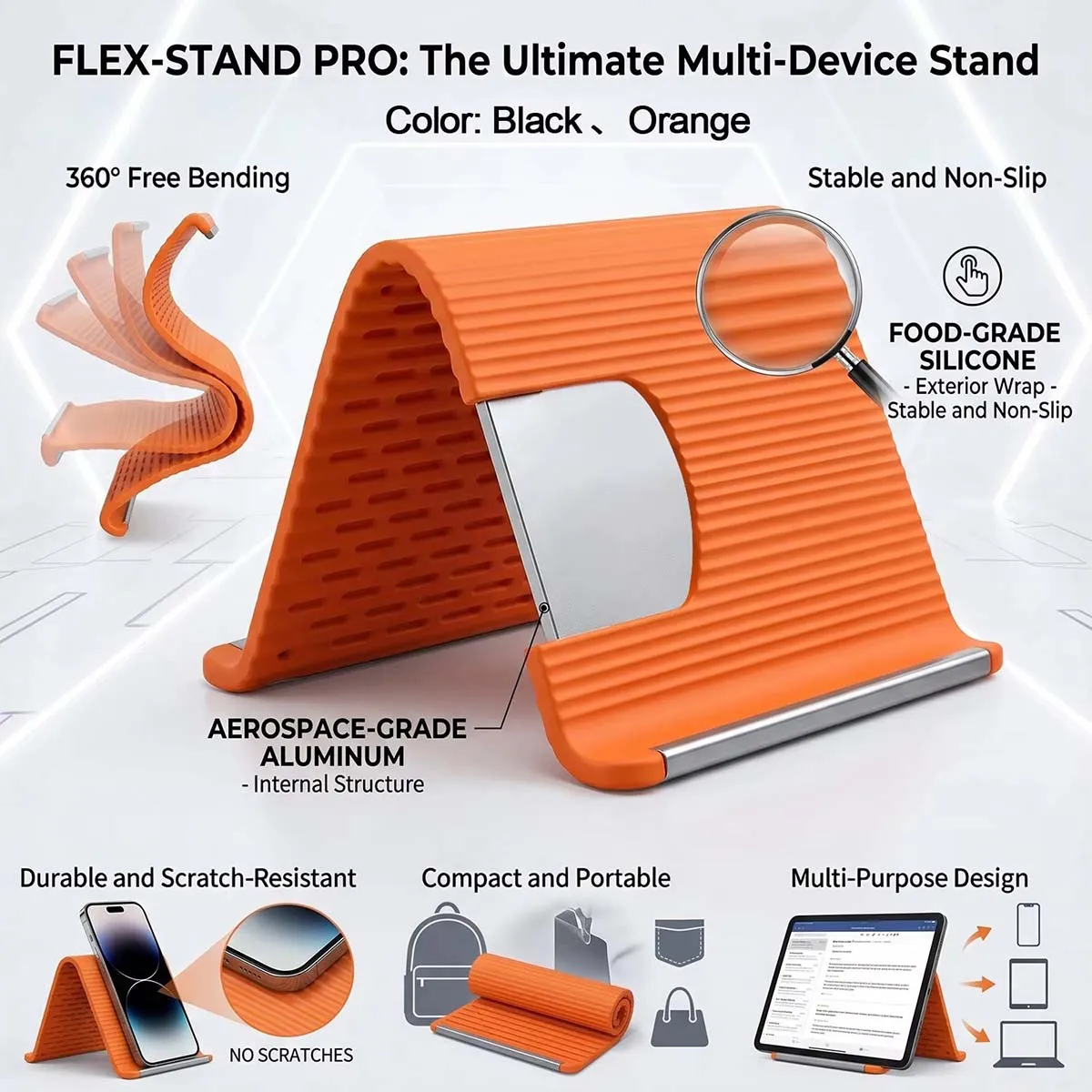 Supporto per Telefono Pieghevole in Silicone, Regolabile a Più Angoli, Compatibile con iPhone, Samsung e Tutti i Cellulari