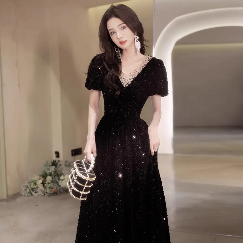 

Элегантное Черное вечернее платье с блестками, женское облегающее платье-трапеция до пола с короткими рукавами-фонариками и V-образным вырезом, дизайнерское платье с бантом на спине
