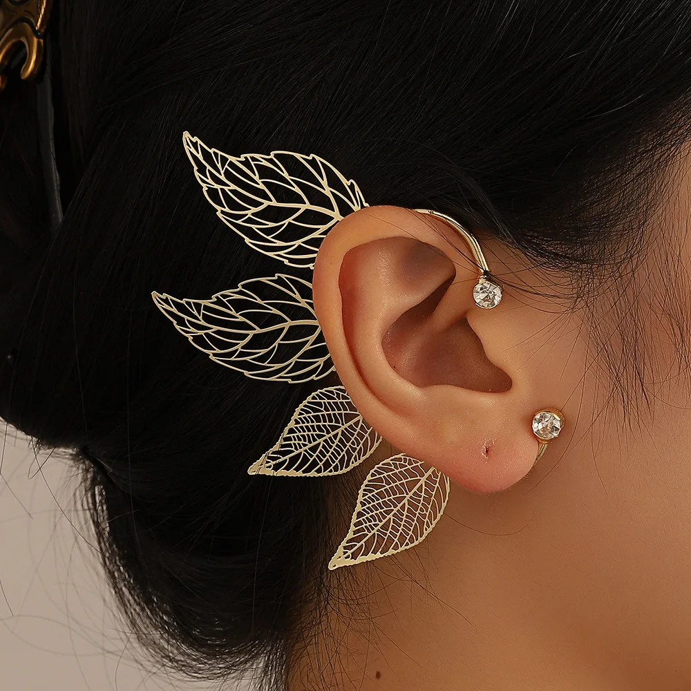 

New Fairy Hollowed Leaf Crystal Earrings Without Hole Ear Cuffs Fake Earrings For Women Whole Ear Clip Party Wedding Jewelry