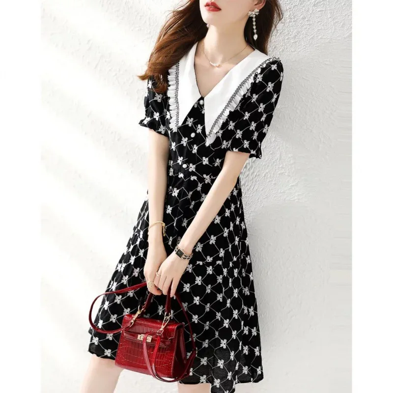 

Korean Woman Dress 2023 Summer New Fashion Casual Brief Print Peter Pan Collar Empire Slim Dresses Female Lady Clothes Black