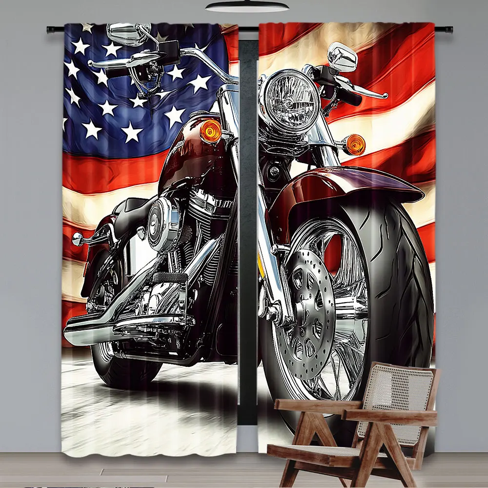 2Pcs Cool Motorcycle Curtains American Flag Classic Curtain Motorbike Extreme Sports Modern Suitable For Living Room Bedroom 2