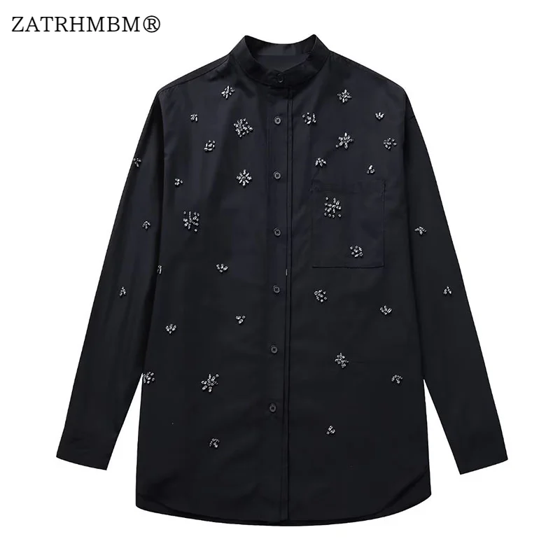 

ZATRHMBM Women 2023 New Fashion Faux Jewel-Embellished Black Blouse Vintage Long Sleeve Button Up Female Shirts Blusas Chic Tops