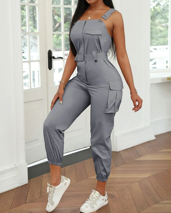 Women's Clothes New Fashion Pocket Buckle Design Cargo Suspender Jumpsuit for Women Sleeveless Square Neck Casual Long Jumpsuits