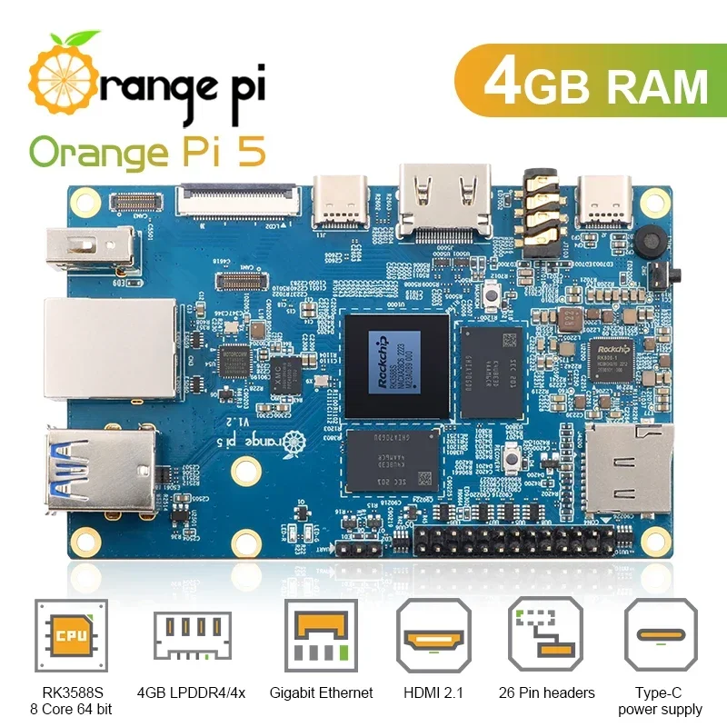 

Orange Pi 5 4GB RK3588S,PCIE Module External WiFi+BT,SSD Gigabit Ethernet Single Board Computer, Run Android Debian OS