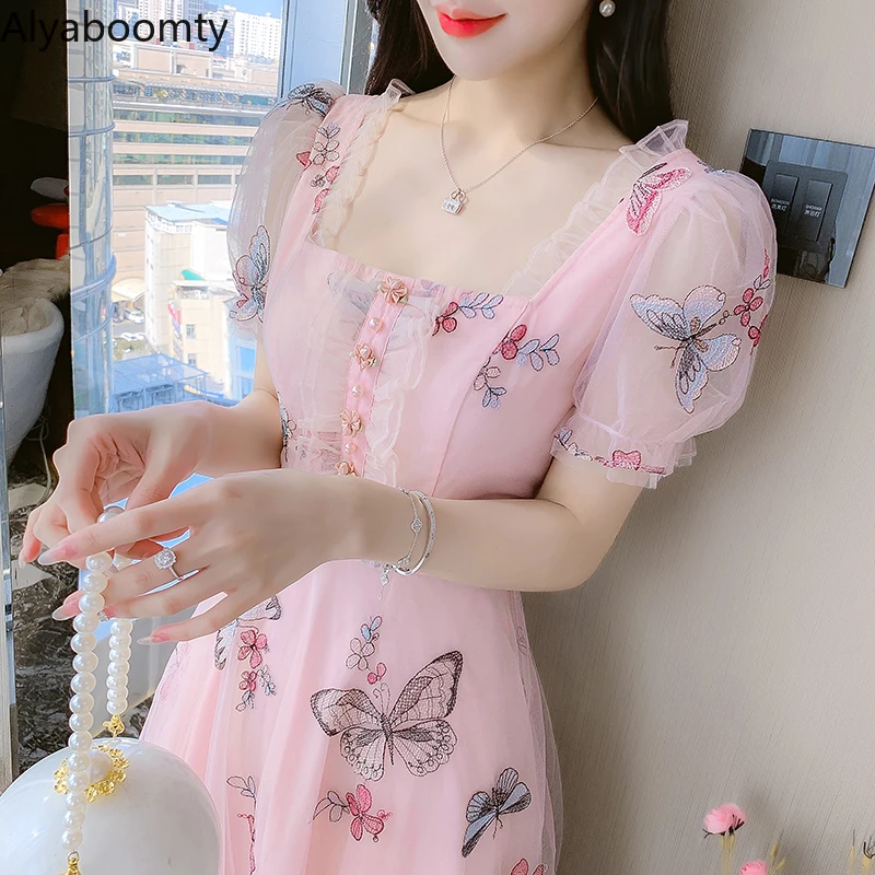 2022 Summer Women French Party Midi Dress Square Collar Pink Mesh Romantic  Dress Puff Sleeve Embroidery Butterfly Fairy Dresses