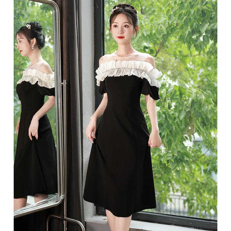 

Tulle O-Neck Simple Prom Gown Black Off Shoulder A-Line Slim Sister Party Dress Summer New Female Daily Date Short Gown