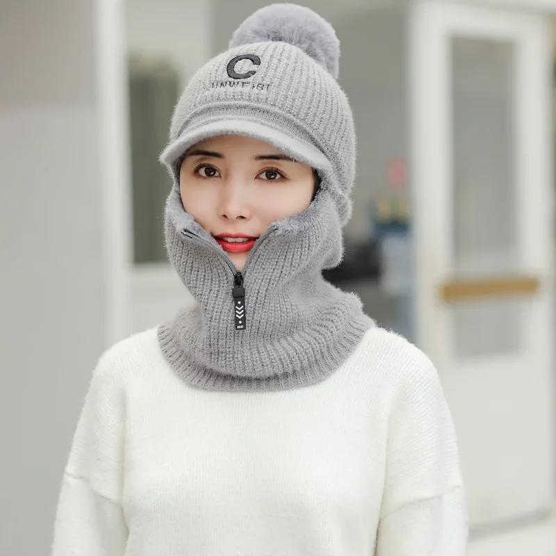Letters C Knitted Beanie Scarf Set For Woman Girl Curved Brim Autumn Winter Hat Zipper Pompoms Cycling Ski Hunting Hat 2