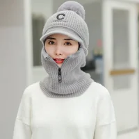 Letters C Knitted Beanie Scarf Set For Woman Girl Curved Brim Autumn Winter Hat Zipper Pompoms Cycling Ski Hunting Hat 2
