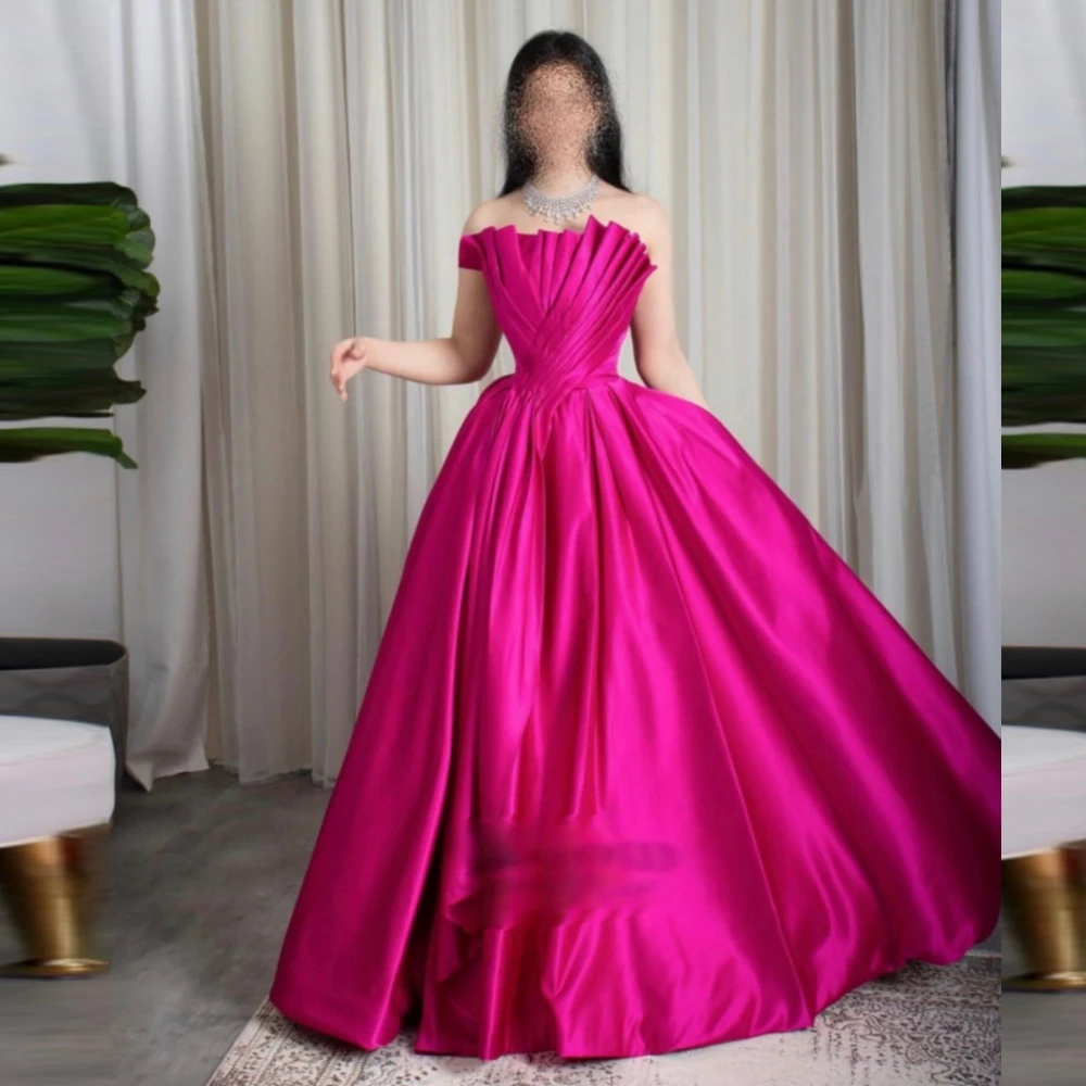 

Qcenkern Elegant Strapless Satin Evening Gowns For Women Party Pleated Fuchsia Arabic Formal Prom Dress 2023 Robe de soire
