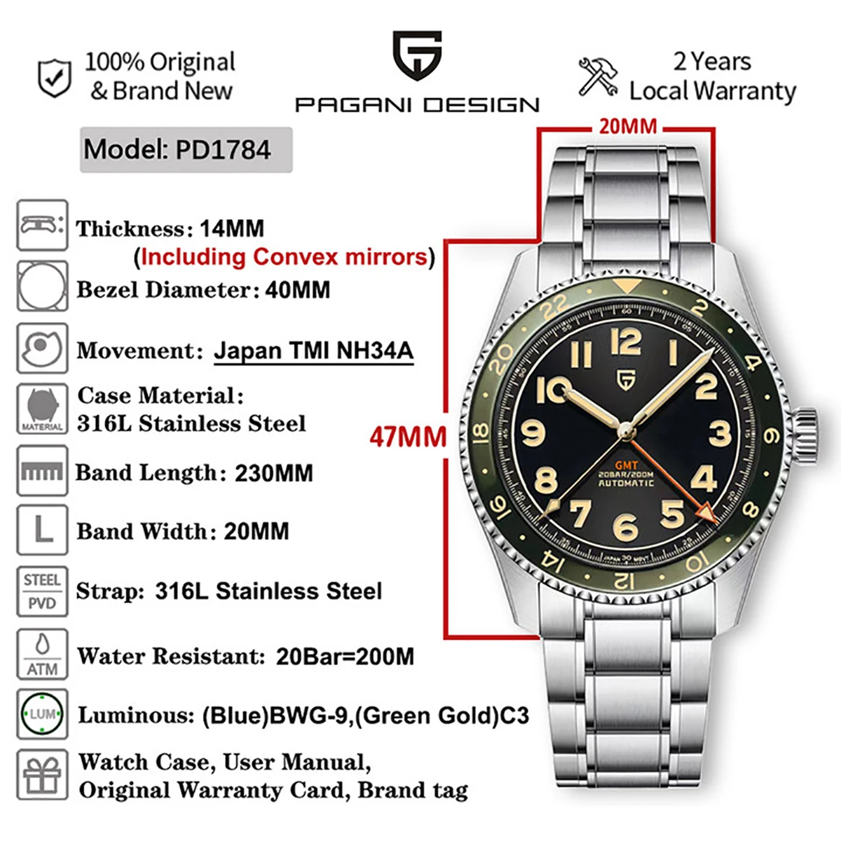 Pagani Design 2024 New NH34A Diver Men's GMT Automatic Mechanical Watch Luxury Sapphire Stainless Steel Waterproof 20Bar Luminou